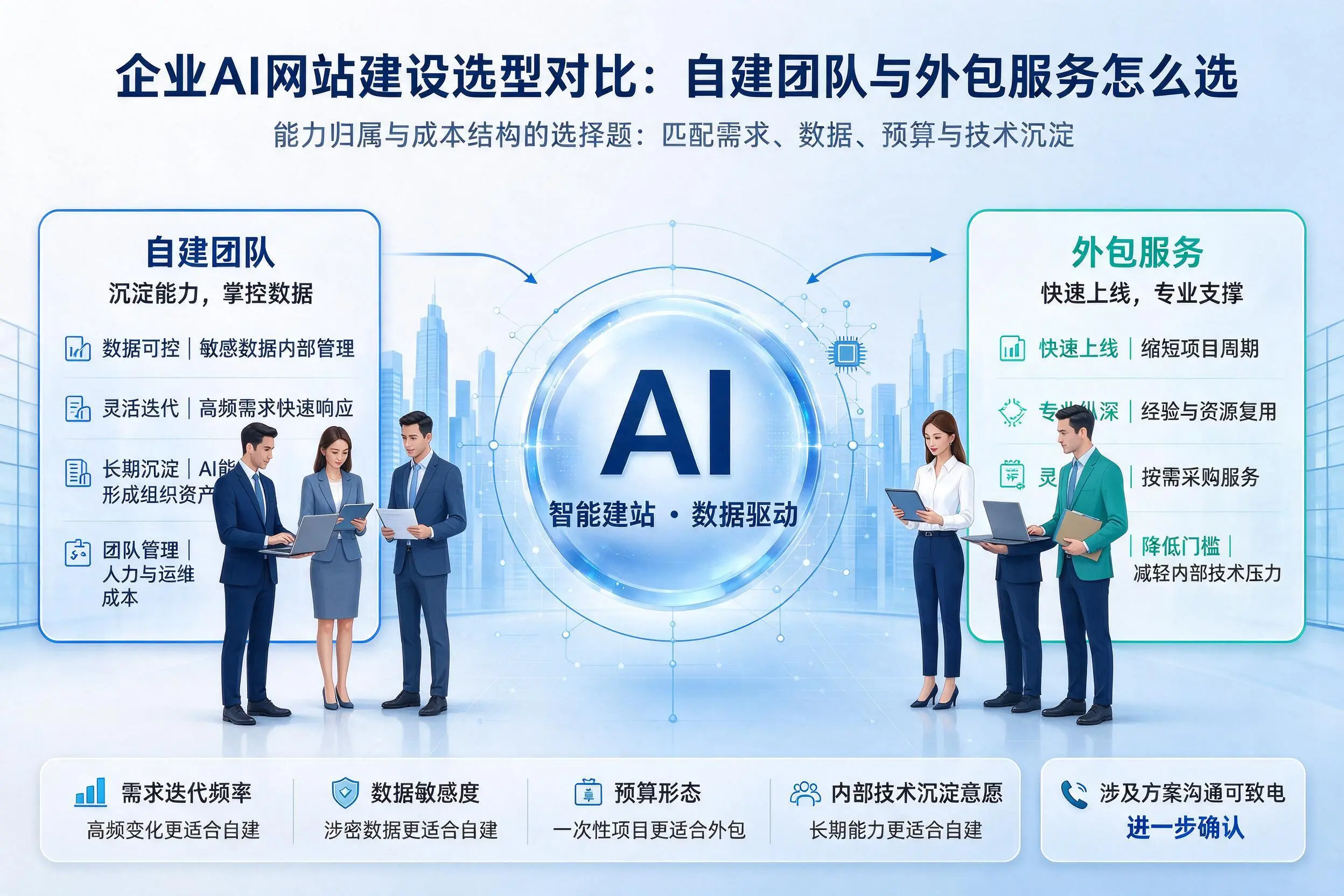 河池企业AI网站建设选型对比：自建团队与外包服务怎么选